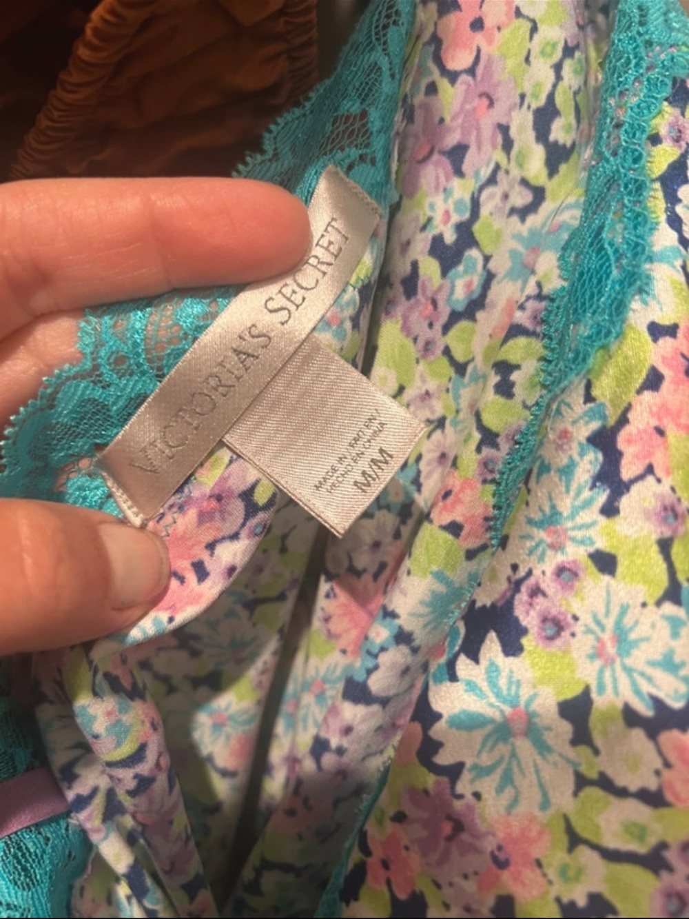 Victoria's Secret Teal-Trim Pastel Floral Satin Chemise - Picture 6 of 11